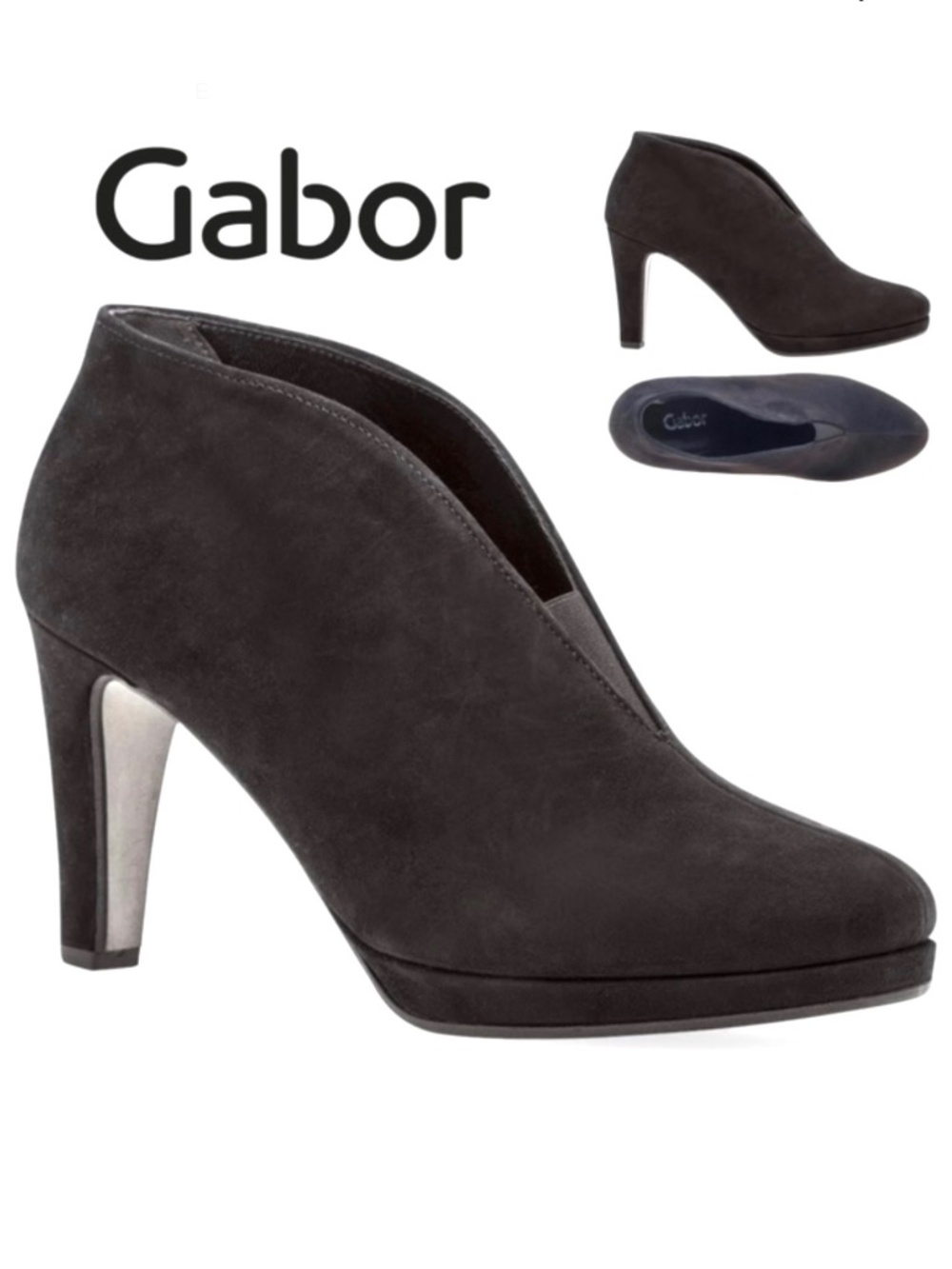Gabor Amien Black Suede Heeled Booties Black Leather Slip On Ankle Boots 8.5